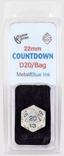 D20 Metal Countdown Die 22mm Metal/Blue Ink with Dice Bag